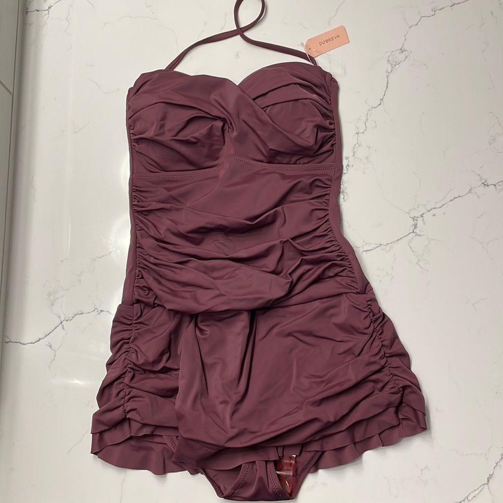 Dobreva Bandeau Halter Tummy Control One Piece Skirted Swimsuit